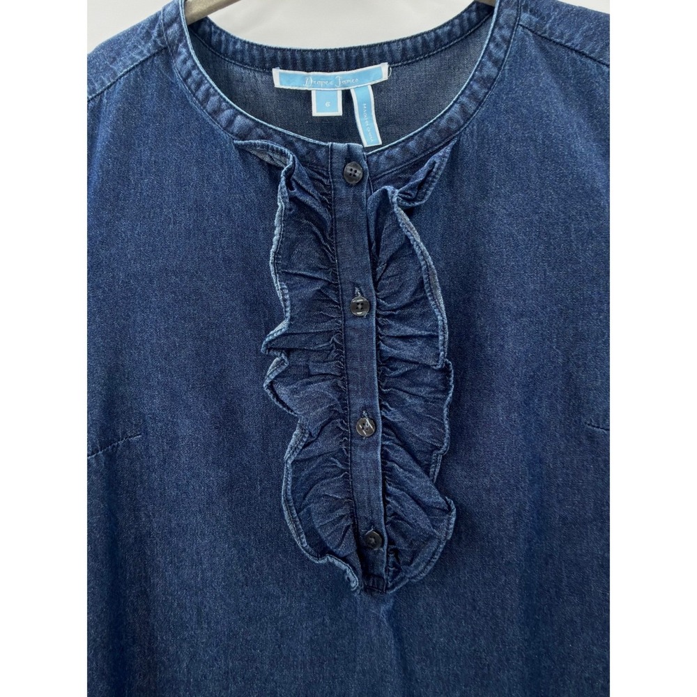 Draper James Chambray Dress Ruffle Front Bell Sleeve Blue Cotton 6 Southern Mod - Picture 4 of 10
